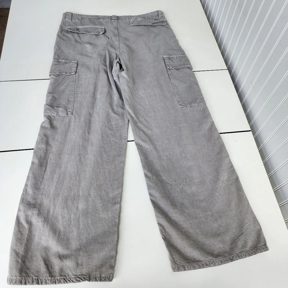 NWT $49 Zara Women Wide-Leg Cargo Pants Gray Chambray Linen Beach Boho 44 US 12